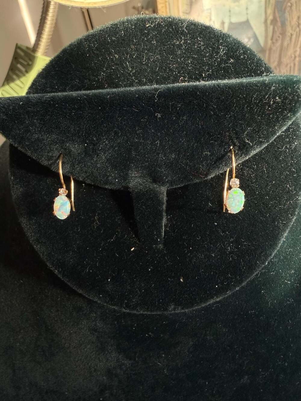 10K Yellow Gold Oval Opal and Diamond Accent Drop Leverback Earrings